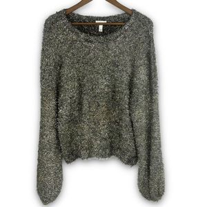 Leith Balloon Sleeve Christmas Gold Metallic Tinsel‎ Sparkle Pullover Sweater L